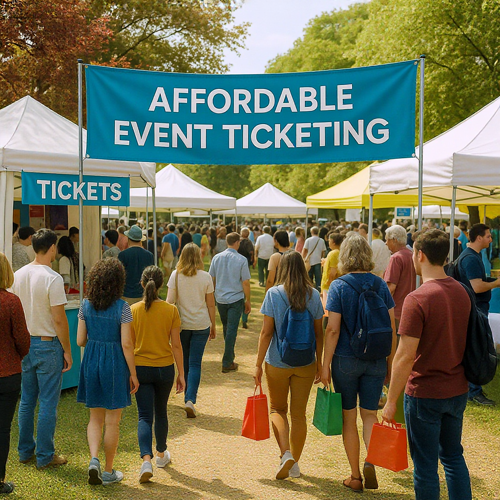 A vibrant community event with diverse attendees, a ticket booth, and a banner that reads 'Affordable Event Ticketing' i...