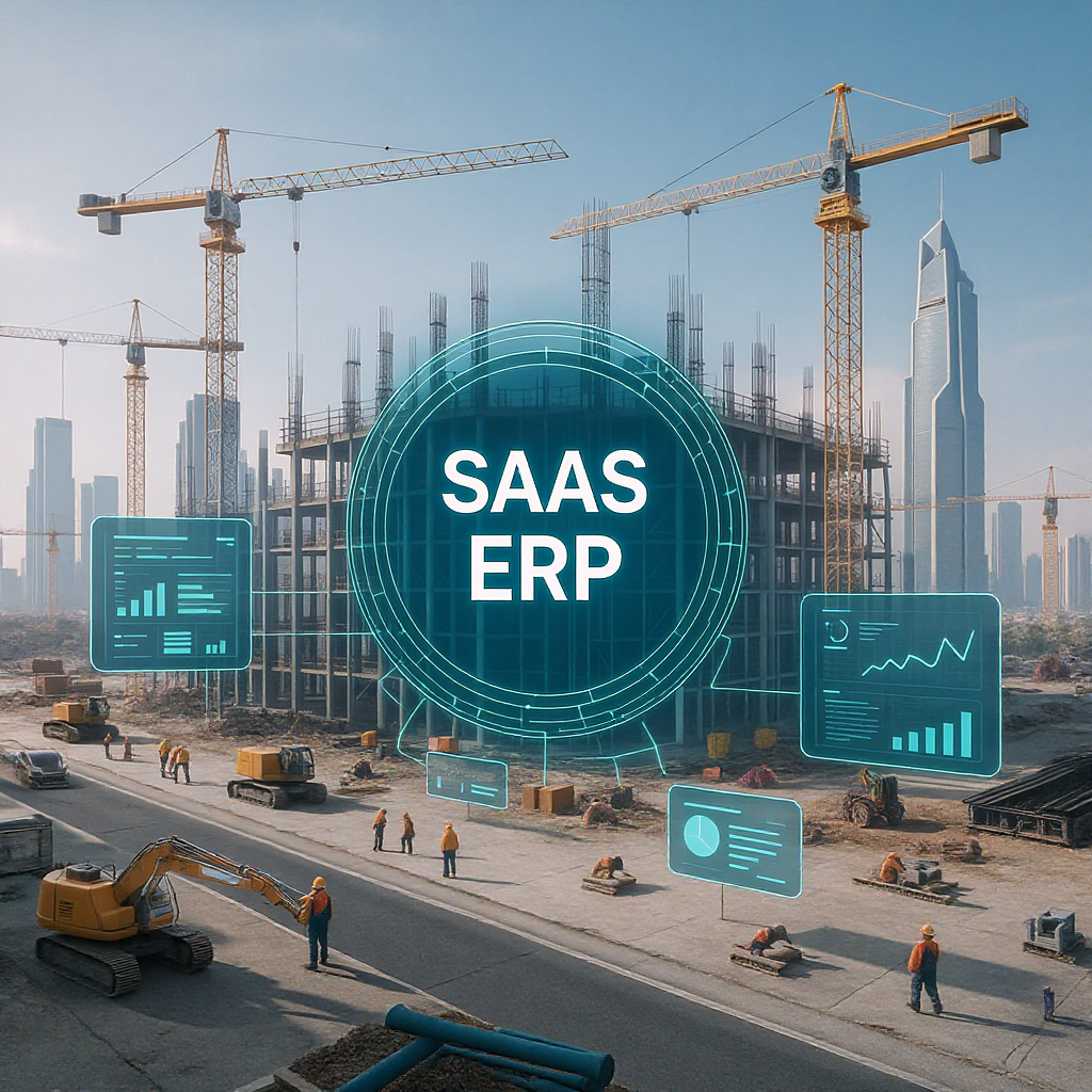 A futuristic construction site in the GCC region showing interconnected digital screens and dashboards overlaying worker...