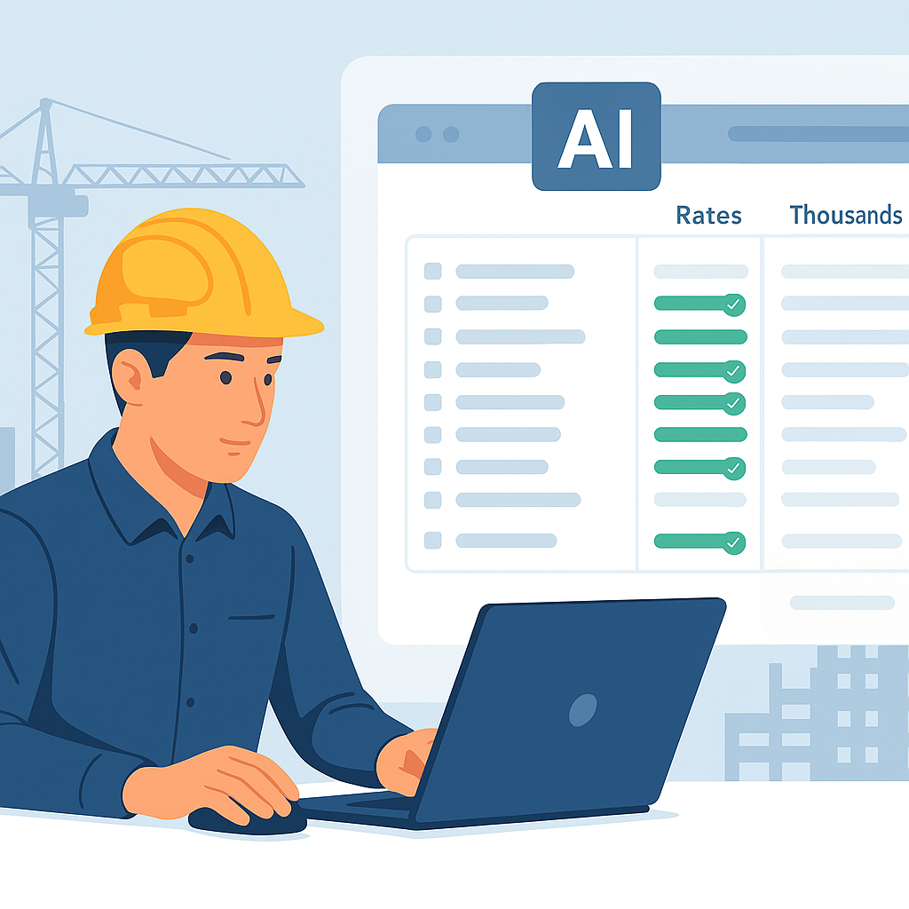 Illustration of a construction estimator using an AI-powered platform, with a digital interface showing rate matching ac...