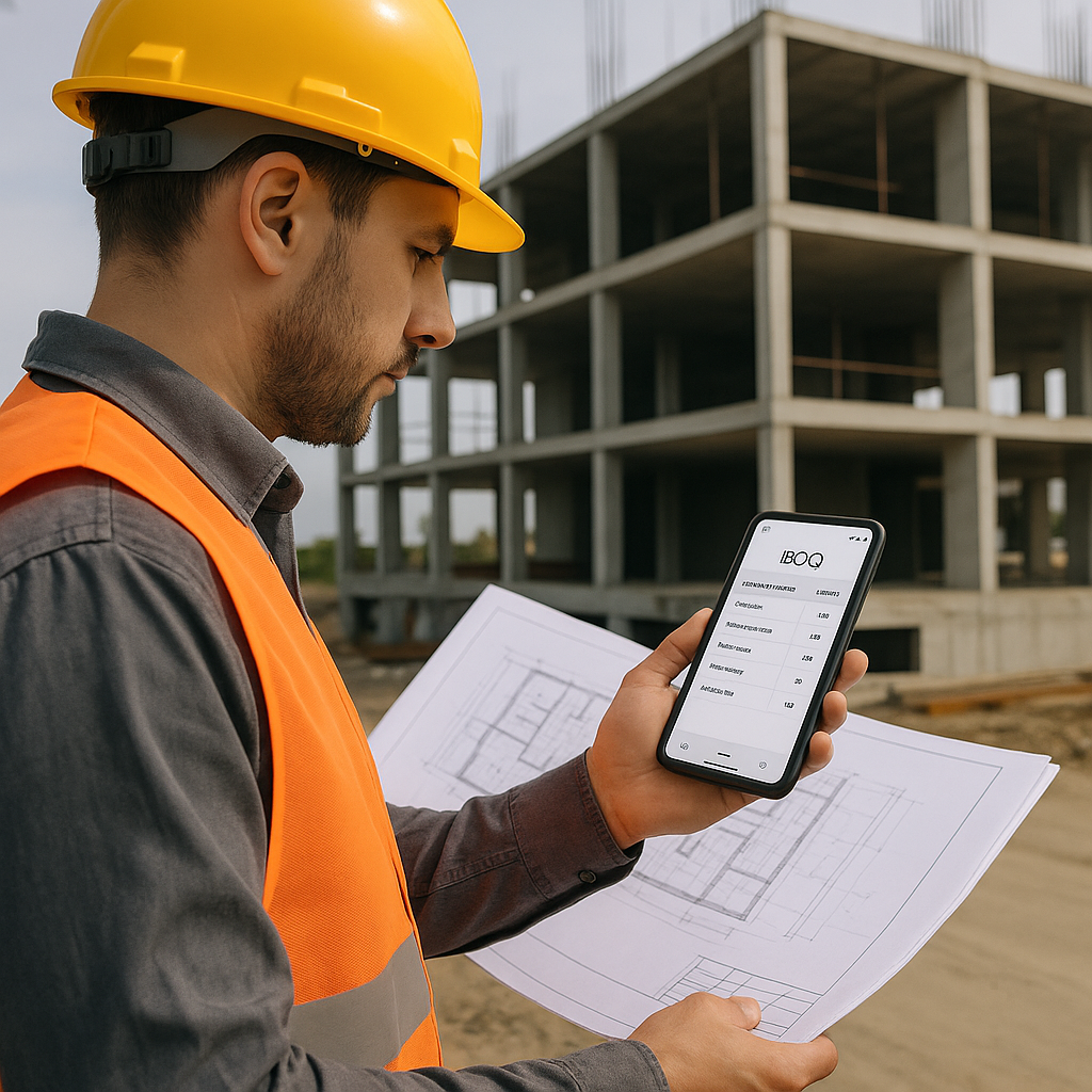 A construction field supervisor using a mobile app during a site survey, with BOQ data displayed on the screen. Backgrou...