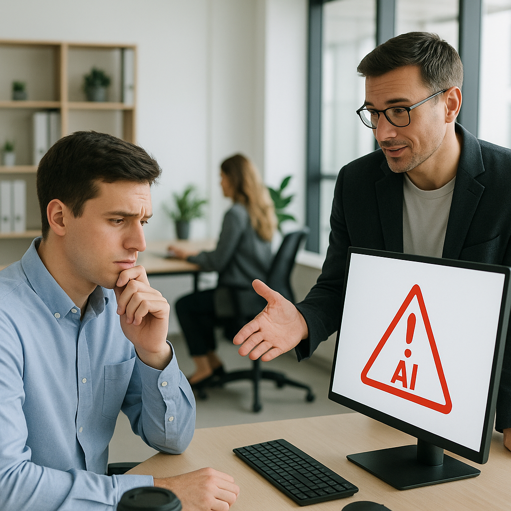 A workplace scene with an employee hesitating to report an AI error on a computer screen, while a manager encourages ope...