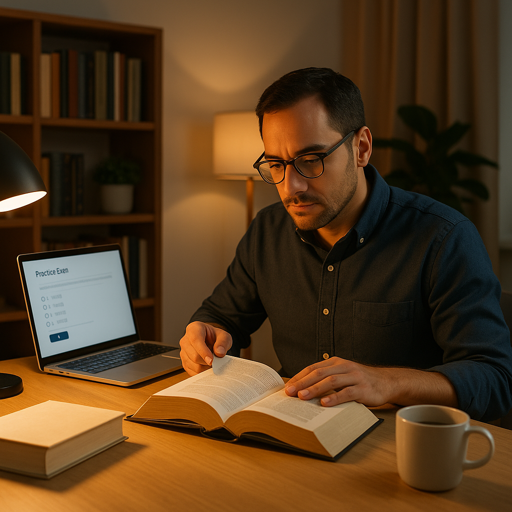 A mid-career professional studying law books at home, with a laptop open on a practice exam screen. Warm lighting, cozy...