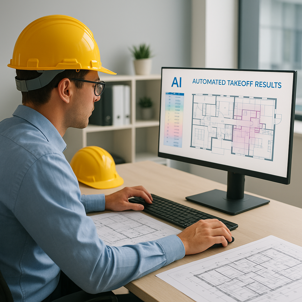 A construction estimator using AI software at a desk, with blueprints and a computer screen showing automated takeoff re...
