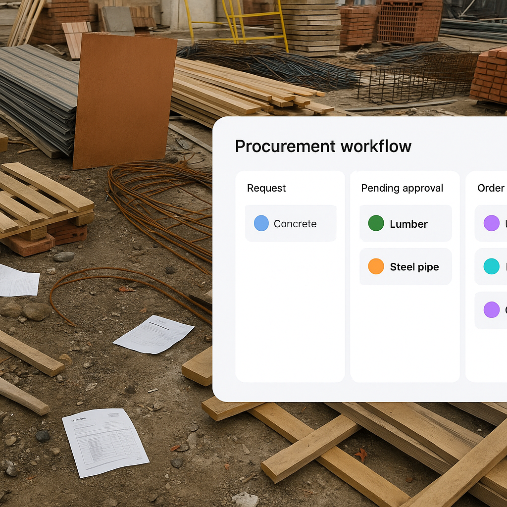 A visually chaotic construction site with misplaced materials and scattered invoices, overlayed with a clean, organized...