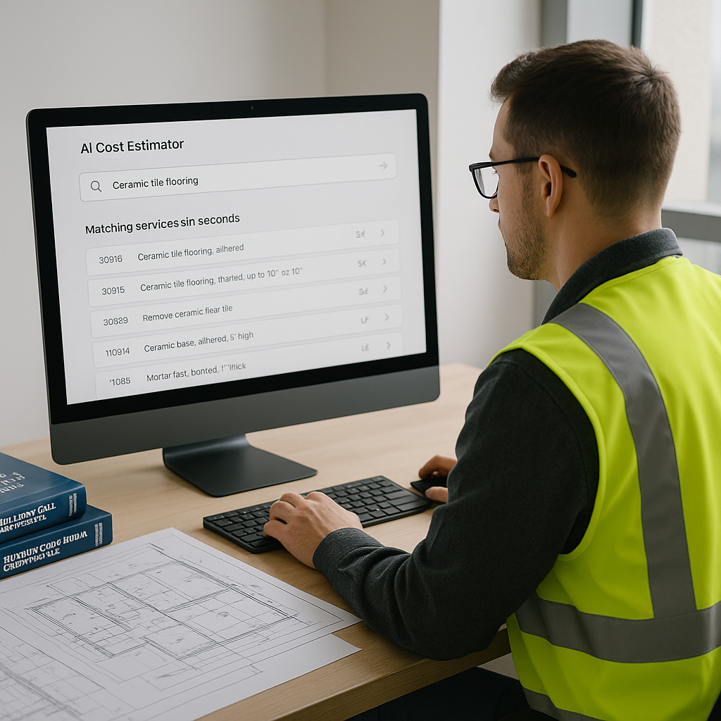 A construction estimator at their desk, using an AI-powered platform on a computer screen surrounded by rate books and b...