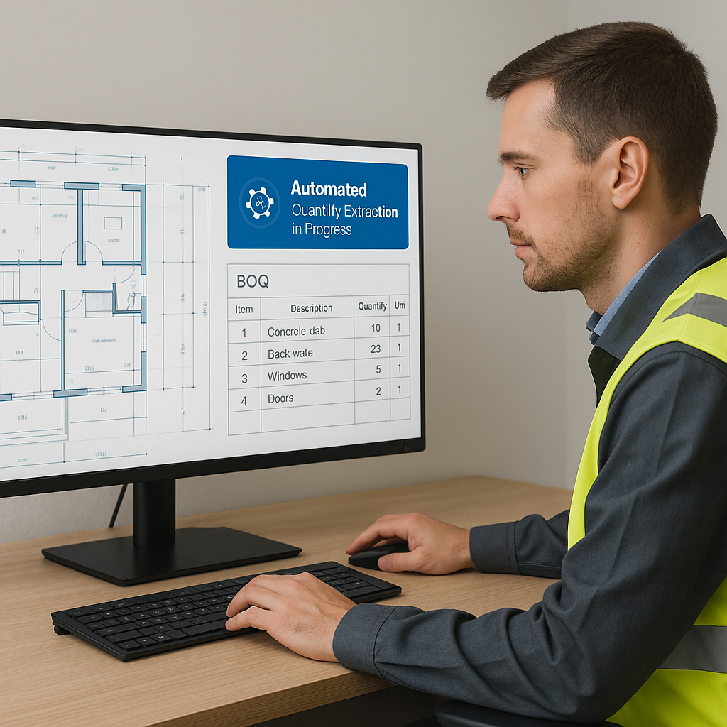 A construction estimator using an AI-powered tool with drawings and BOQs on screen, showing automated quantity extractio...