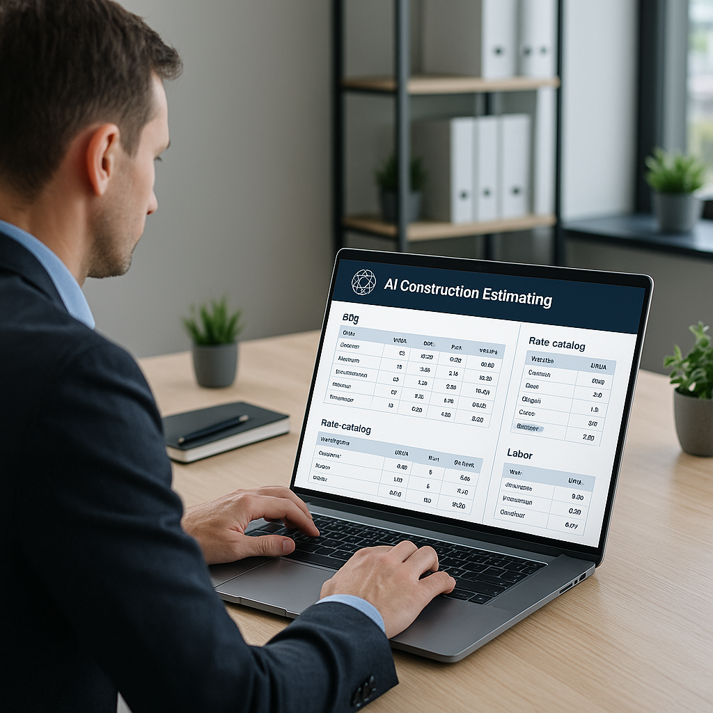 A construction estimator using a sleek AI-powered platform on a laptop, with a BOQ and rate catalogs visible onscreen. M...