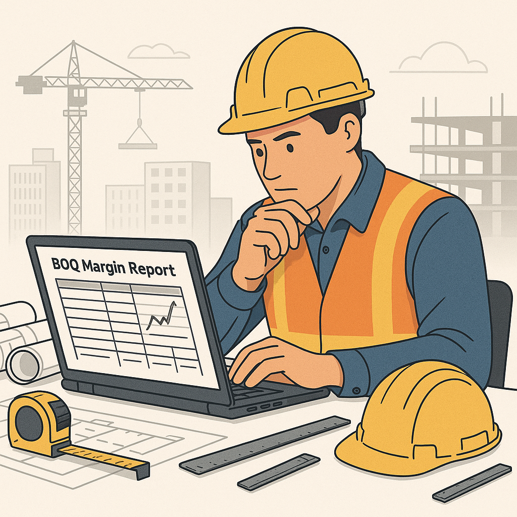 A detailed illustration of a contractor reviewing a BOQ margin report on a laptop, surrounded by construction site eleme...
