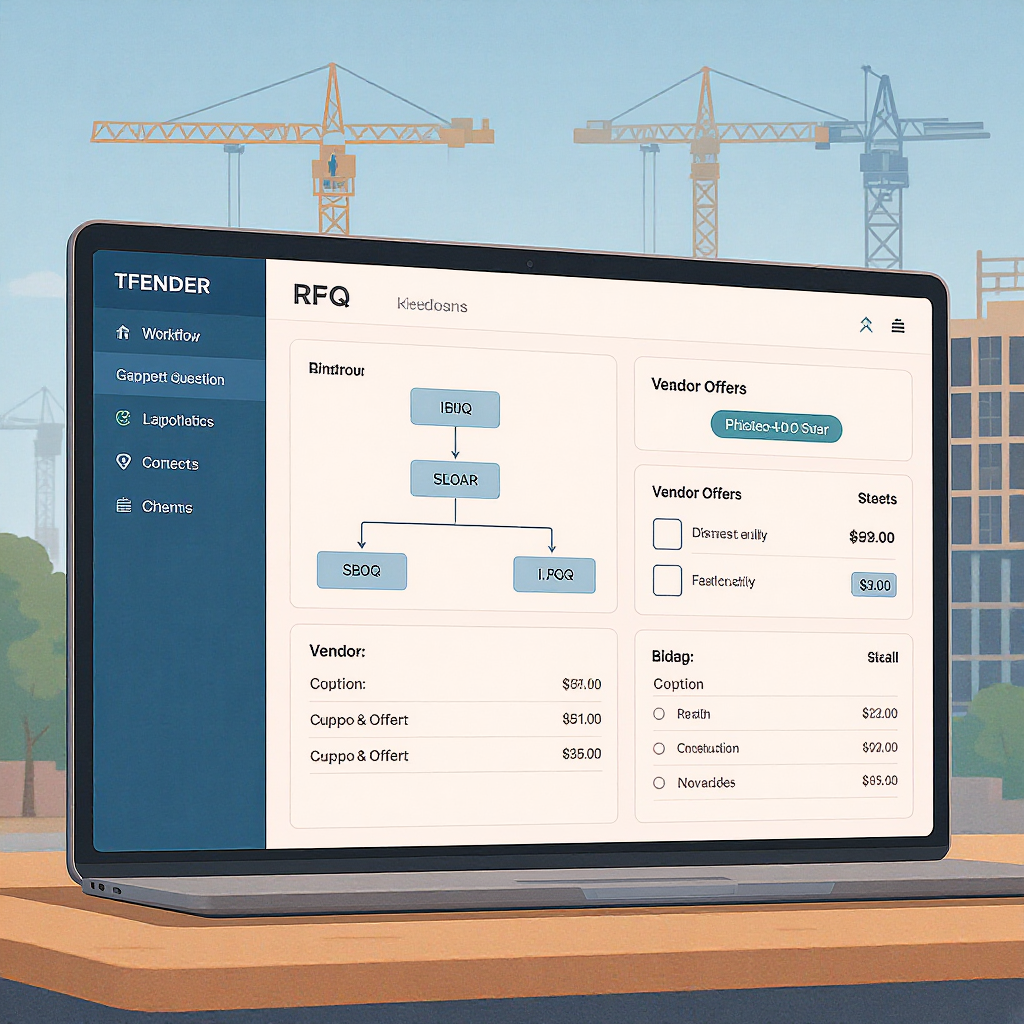 A detailed illustration of construction tender management: a digital dashboard showing RFQ workflows, BOQ hierarchies, a...