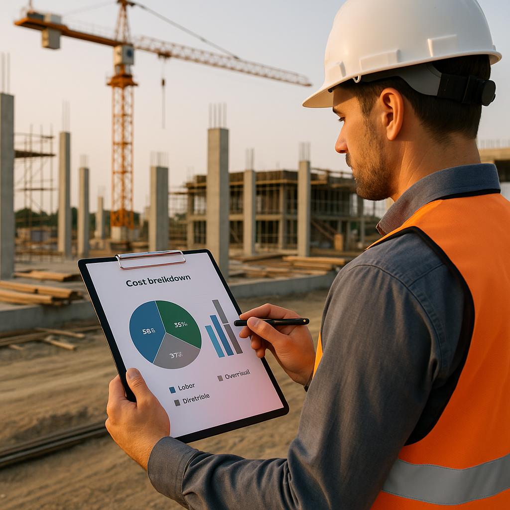 A construction site with a contractor holding a clipboard, analyzing a graph showing cost breakdowns for labor, material...