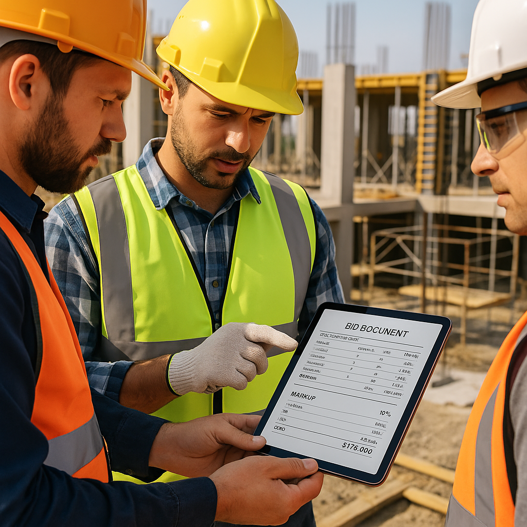 A construction site with workers reviewing bid documents and cost breakdowns on a tablet, showcasing markup calculations...