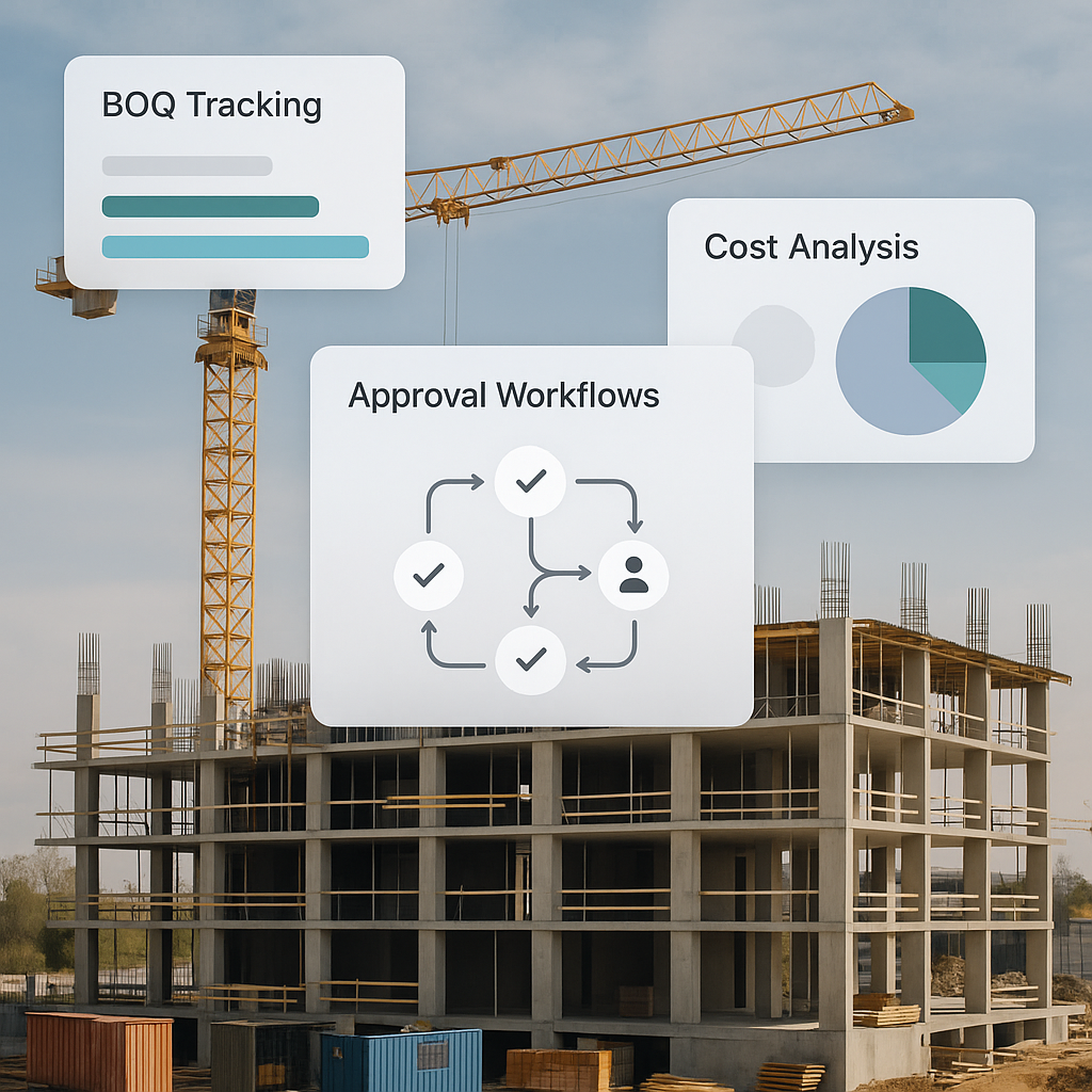 A construction site with a digital dashboard overlay showing BOQ tracking, approval workflows, and cost analysis.