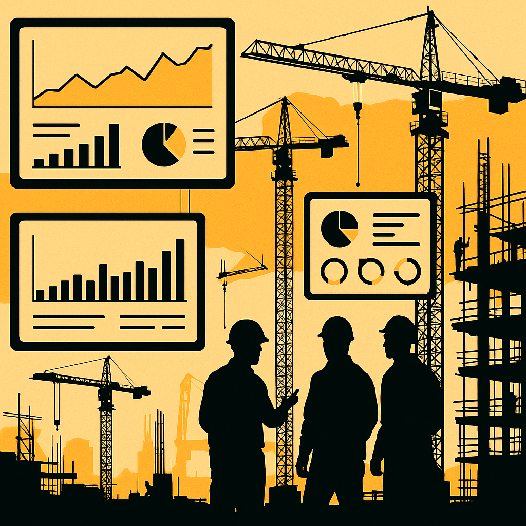 A high-contrast illustration of a construction site with cranes and workers, overlaid with digital dashboards displaying...