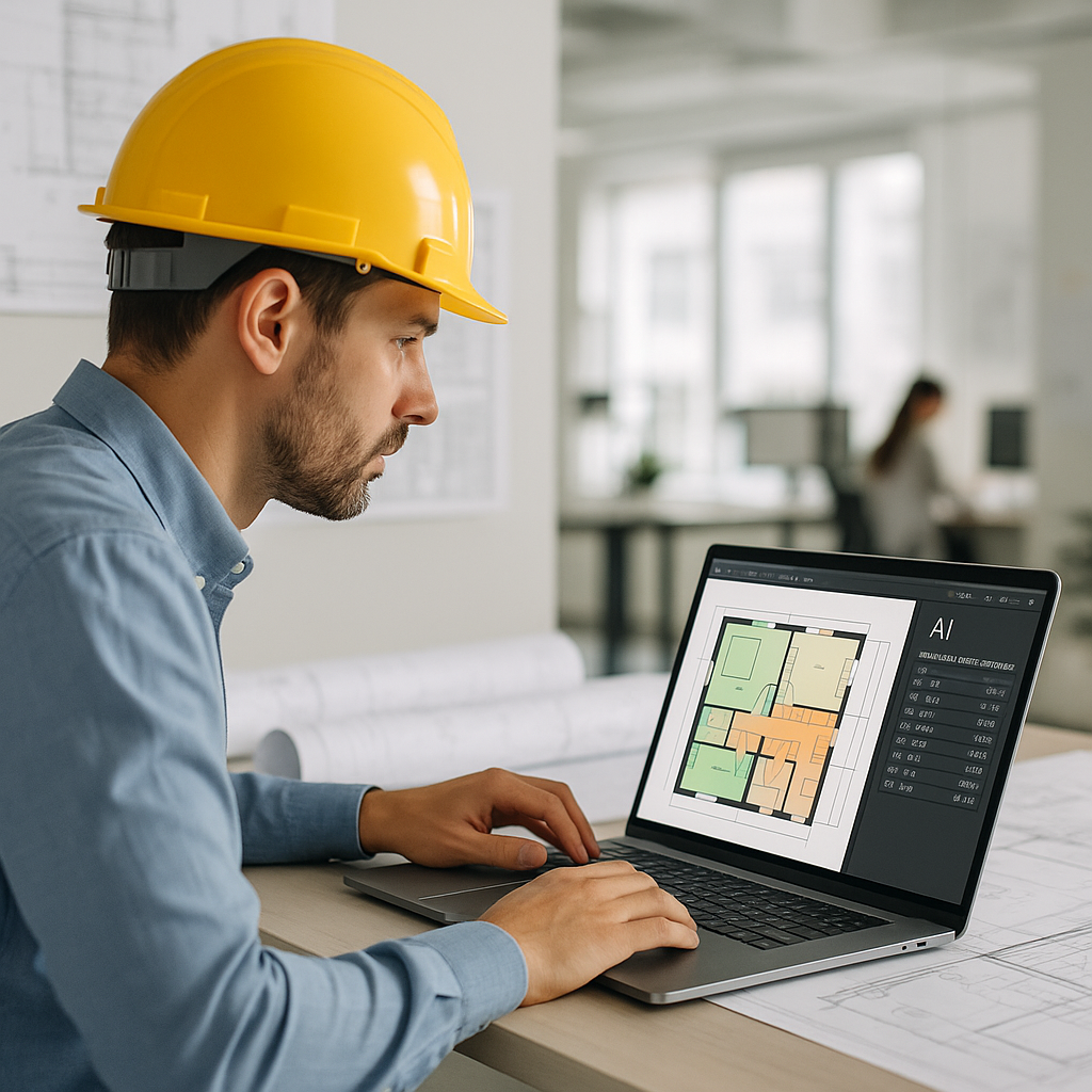 A construction estimator working on a laptop, with AI software showing building plans and automated measurements. Backgr...