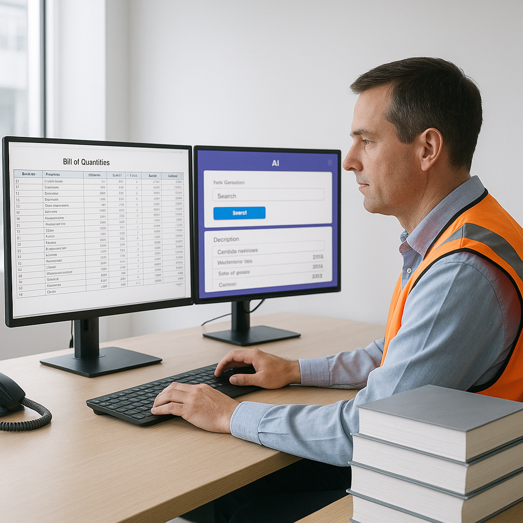 A construction estimator at a desk, with dual monitors displaying a BOQ and an AI tool interface, alongside a stack of t...