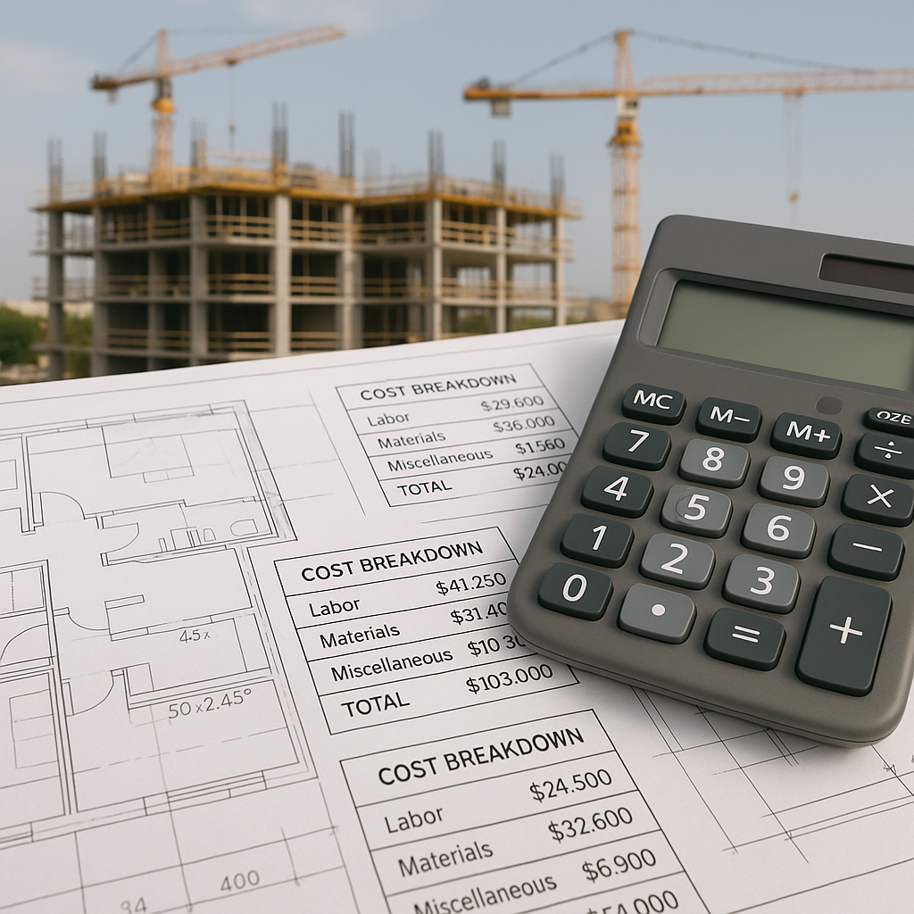 A detailed blueprint with cost breakdowns highlighted, overlaid with a calculator and a construction site in the backgro...
