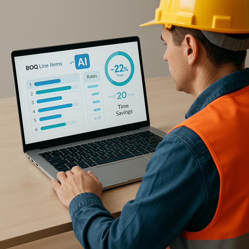 A construction estimator working on a laptop with AI-generated data visualization on-screen: BOQ line items, rates, and...