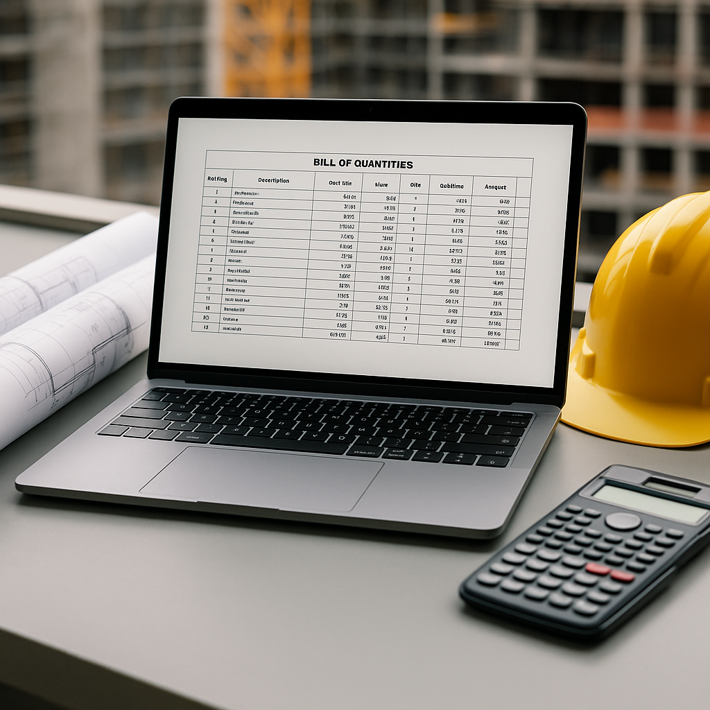 A construction site office table with a detailed Bill of Quantities (BOQ) document open on a laptop screen, surrounded b...