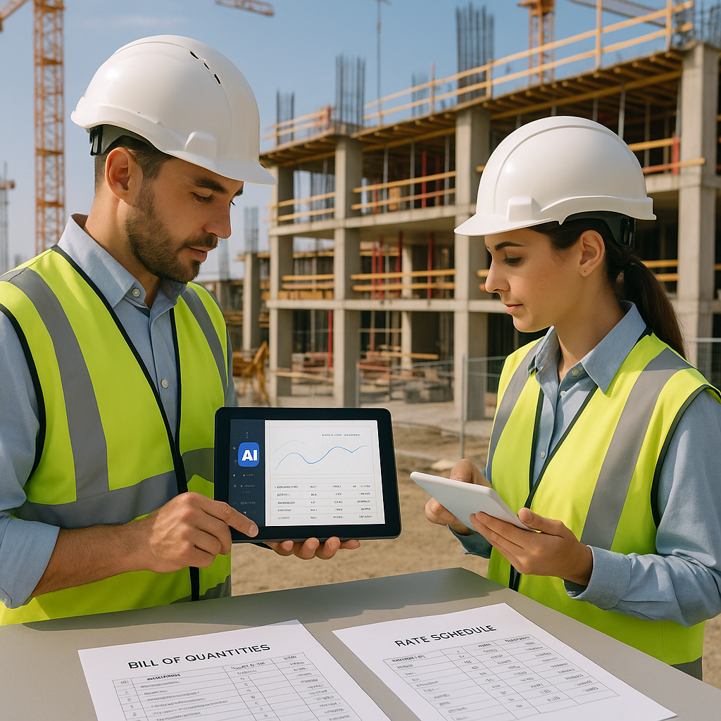A modern construction site with engineers using tablets displaying AI-powered estimation software, surrounded by BOQ she...