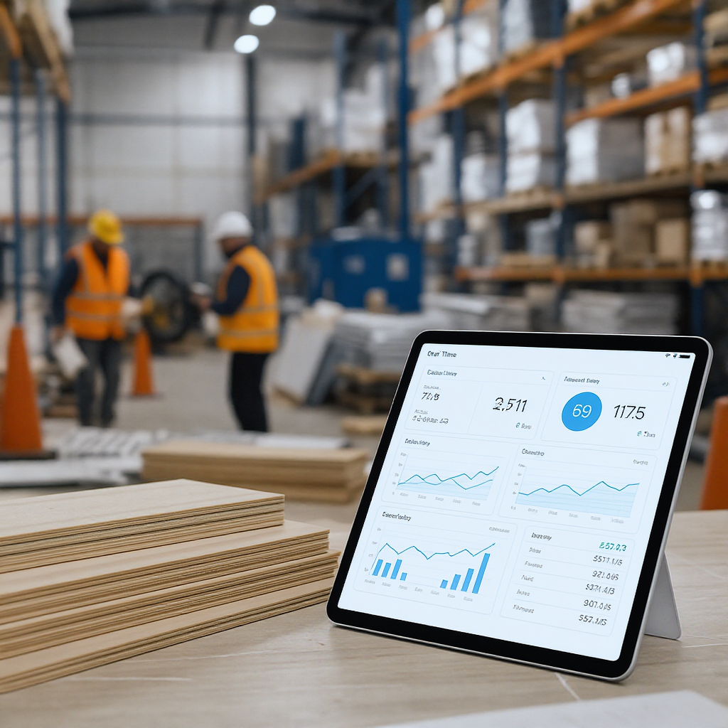 A busy construction site with workers handling materials, a tablet showing real-time ERP software data, and neatly stack...