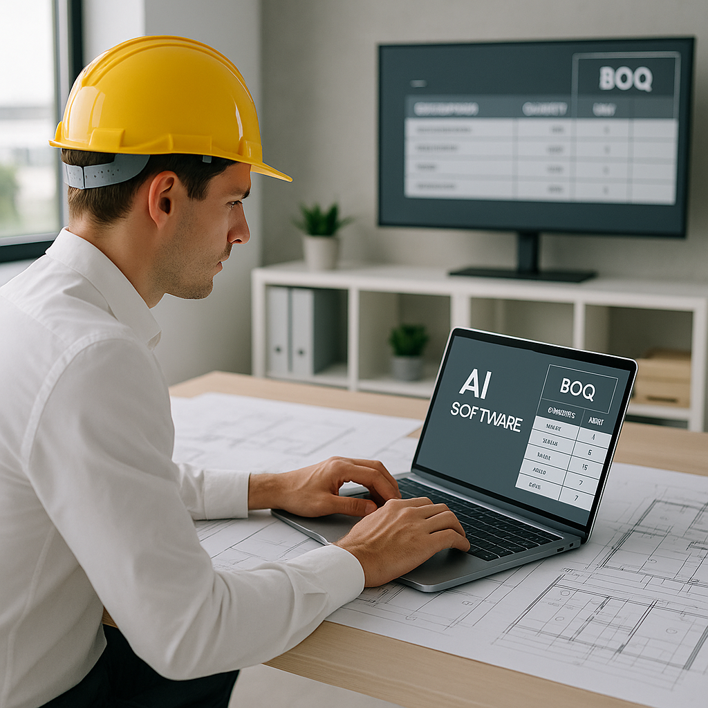 A modern construction office with an estimator using AI software on a sleek laptop, surrounded by blueprints and a digit...