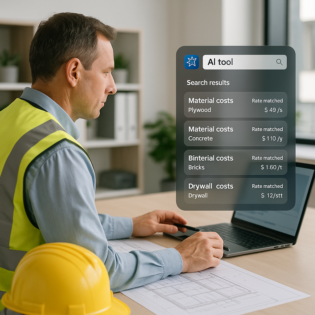 A construction estimator using an AI tool to match rates, with a digital interface showing search results for material c...
