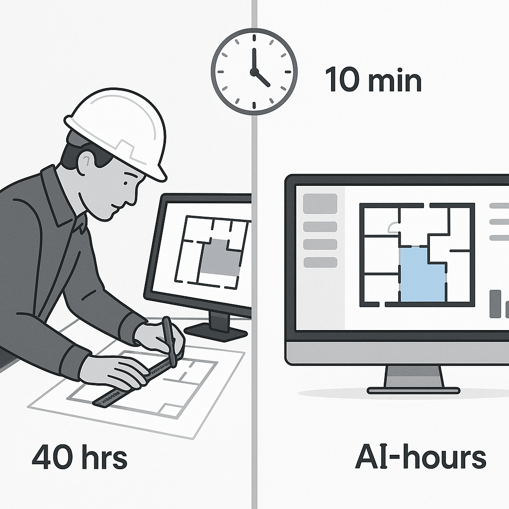A side-by-side comparison of an estimator manually measuring a PDF on one side and an AI-powered dashboard completing th...