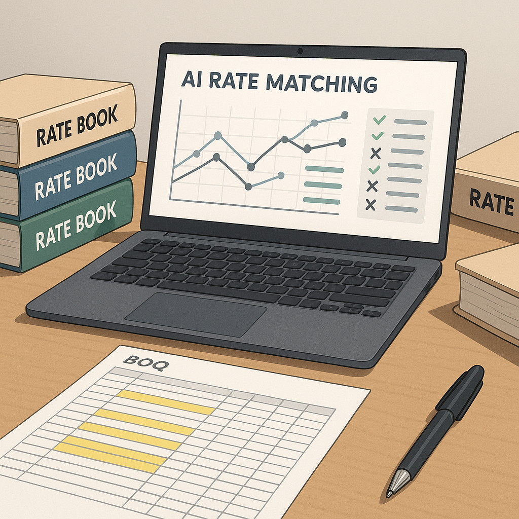 A realistic illustration of an estimator's desk with a laptop showing AI rate matching software, surrounded by stacks of...