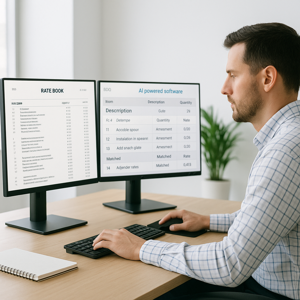 A construction estimator at a desk with dual monitors, one displaying a 2,000-page rate book and the other an AI-powered...