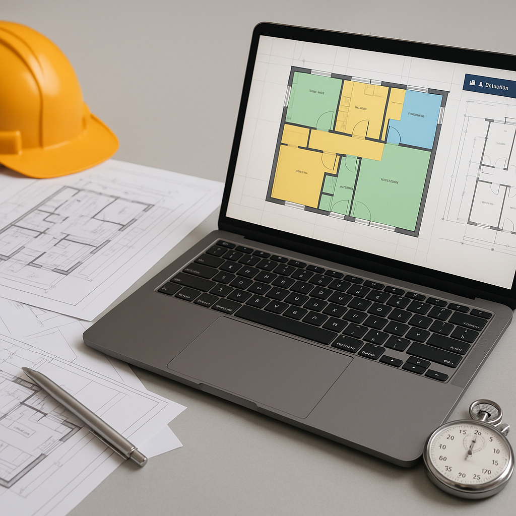 A general contractor's desk with construction drawings, a laptop displaying AI software, and a stopwatch showing 10 minu...