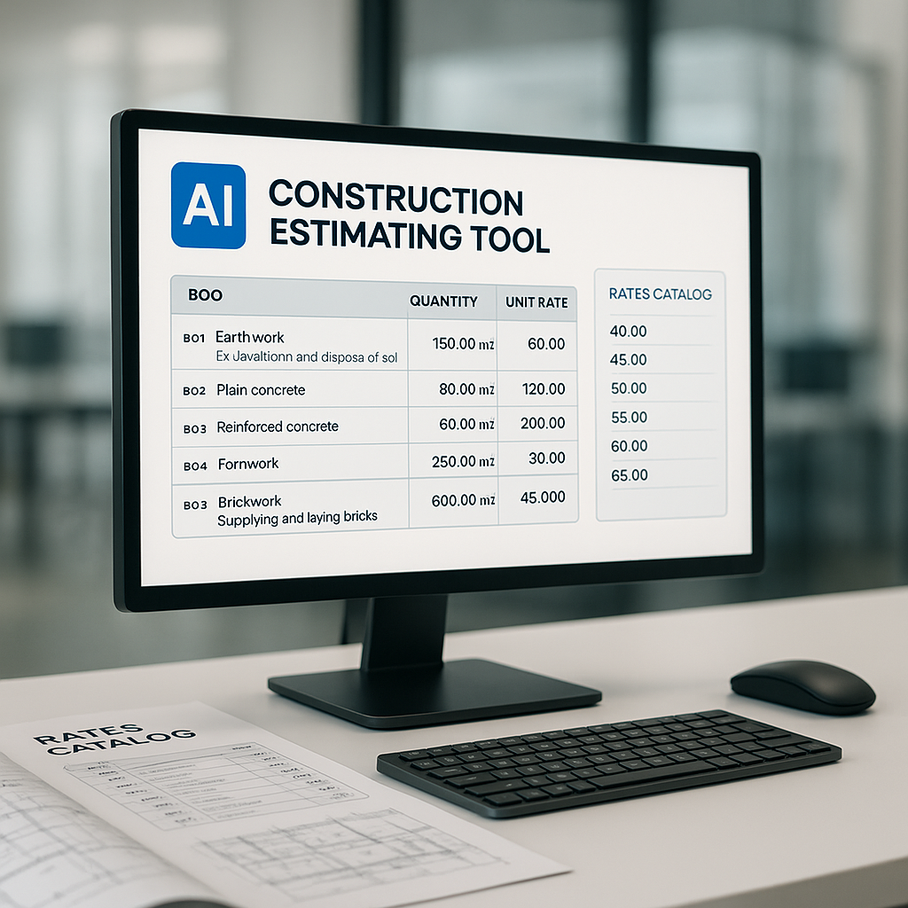 An AI-powered construction estimating tool analyzing a BOQ on a computer screen. The scene includes rate catalogs, archi...