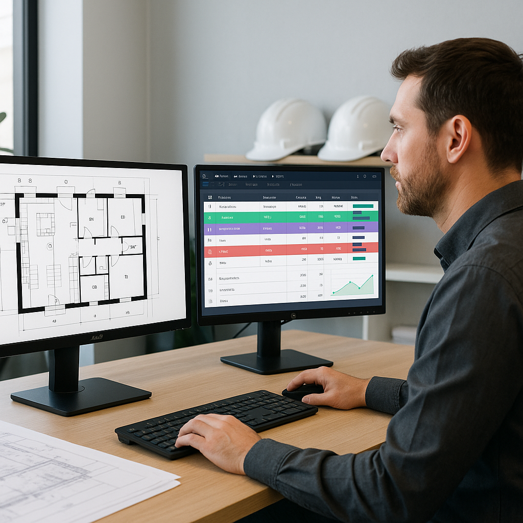 A construction estimator at a desk with dual monitors: one showing a PDF drawing, the other an AI-powered software inter...