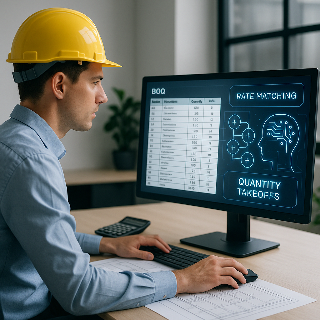 A construction estimator in an office, analyzing a BOQ on a computer screen, with a futuristic AI interface overlay show...
