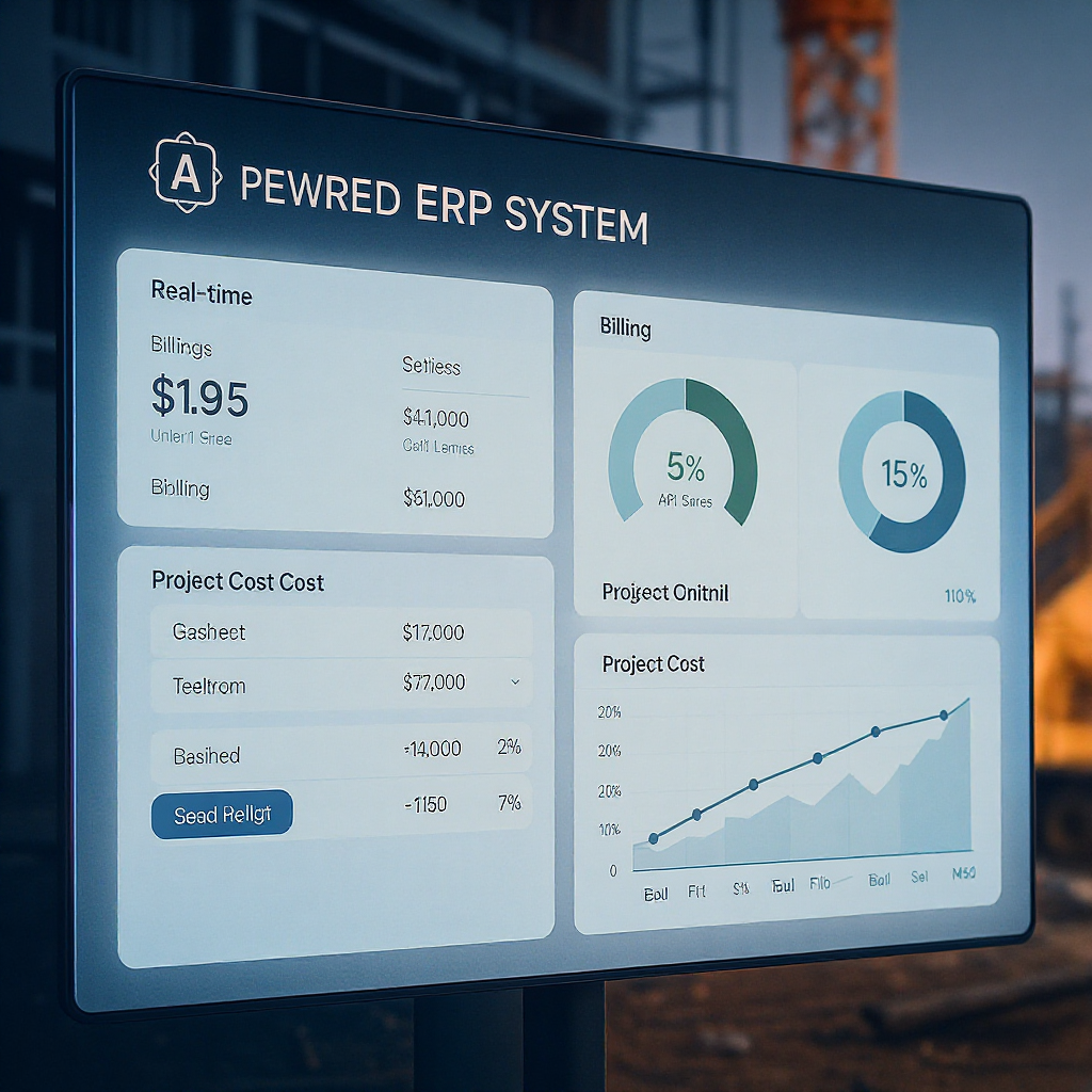 An AI-powered ERP system dashboard on a futuristic screen, with construction site elements in the background, showing re...