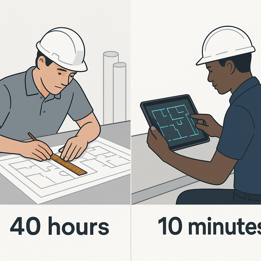 A side-by-side comparison of a construction estimator manually measuring drawings with a ruler and another estimator usi...