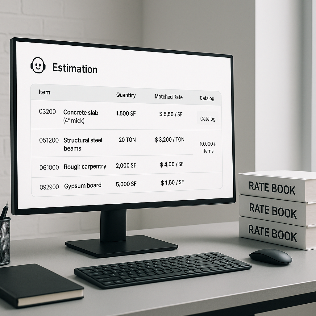 A sleek construction office setup with a digital screen showing AI-powered estimation software matching rates from a mas...