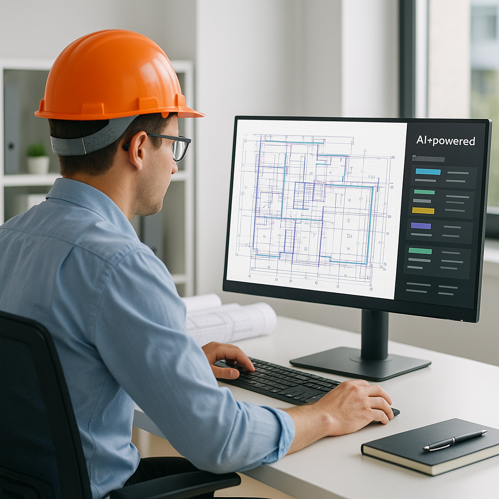 A construction estimator sitting at a desk with AI-powered software on a monitor, showing automated takeoffs from comple...