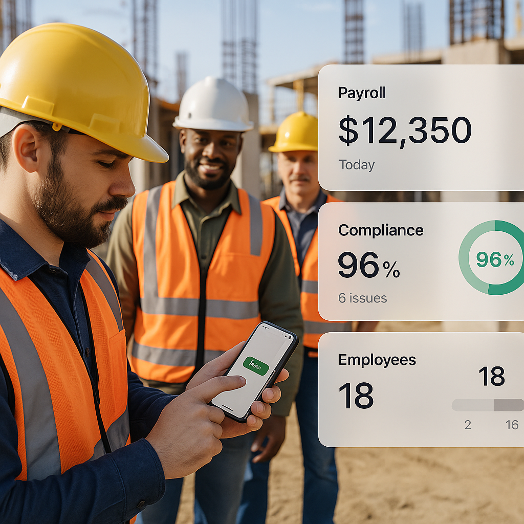 A construction site with workers clocking in using a mobile app, overlaid with a dashboard showing real-time payroll and...