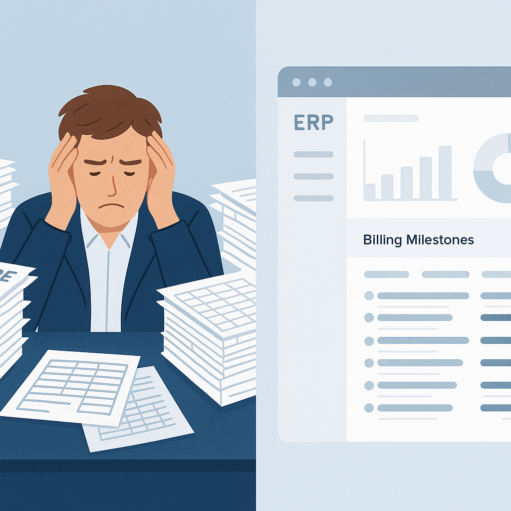 A frustrated finance controller sitting with piles of mismatched invoices and Excel sheets, contrasted with a clean, org...
