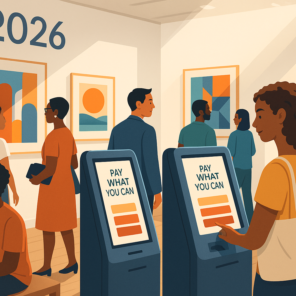 A vibrant community exhibition scene in 2026, featuring diverse attendees at an art gallery with modern digital ticketin...