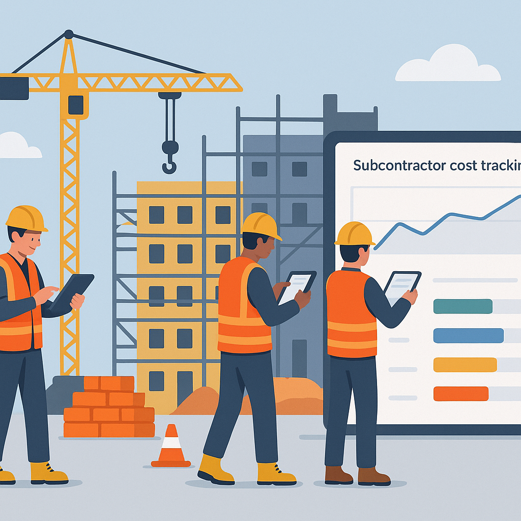 An illustration of a construction site with workers logging progress on tablets, alongside a dashboard showing real-time...