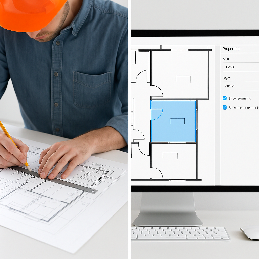A split-screen image showing a construction estimator manually tracing plans on one side and an AI-powered software inte...