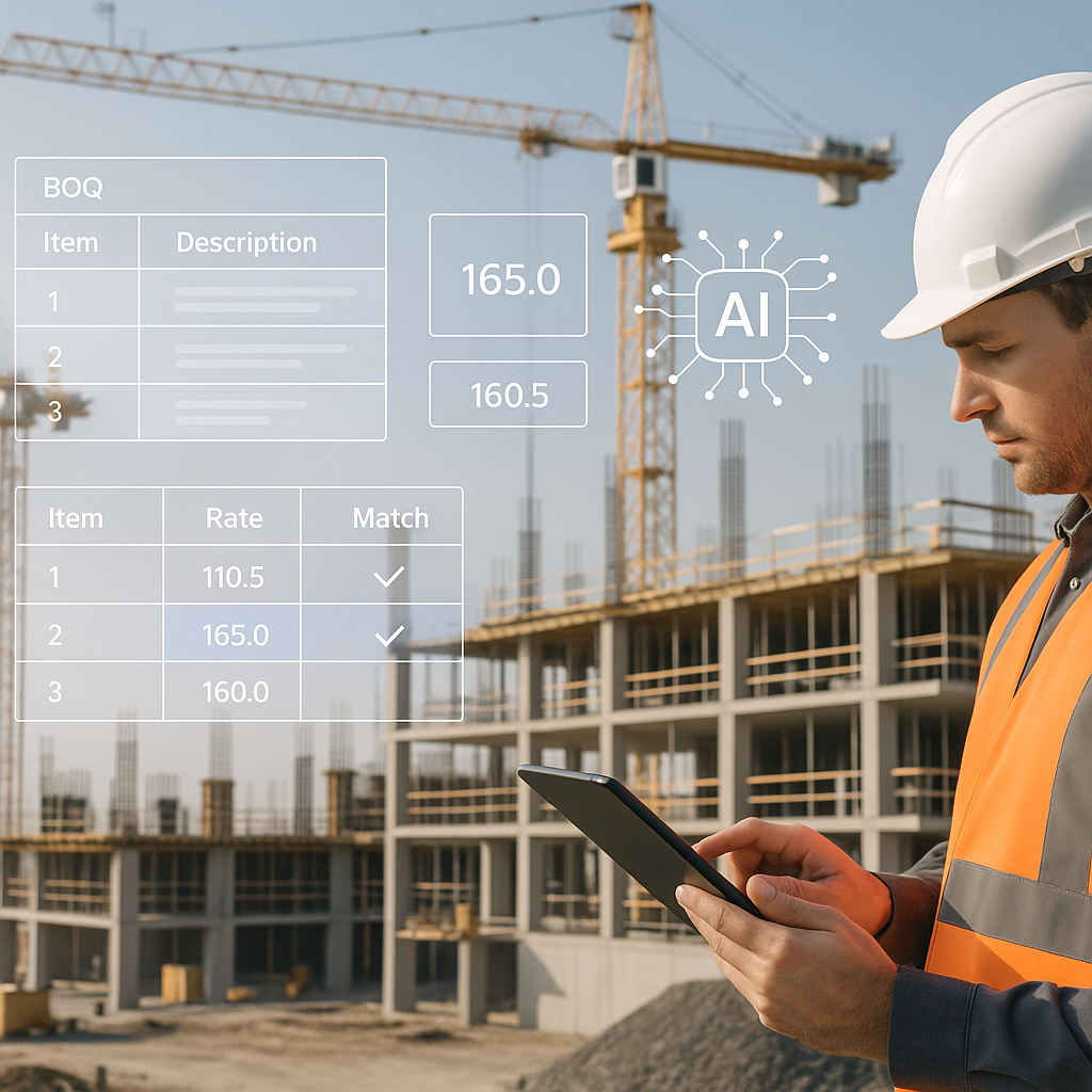 A modern construction site with digital overlays showing AI rate matching in action, including BOQ data, rates, and an e...