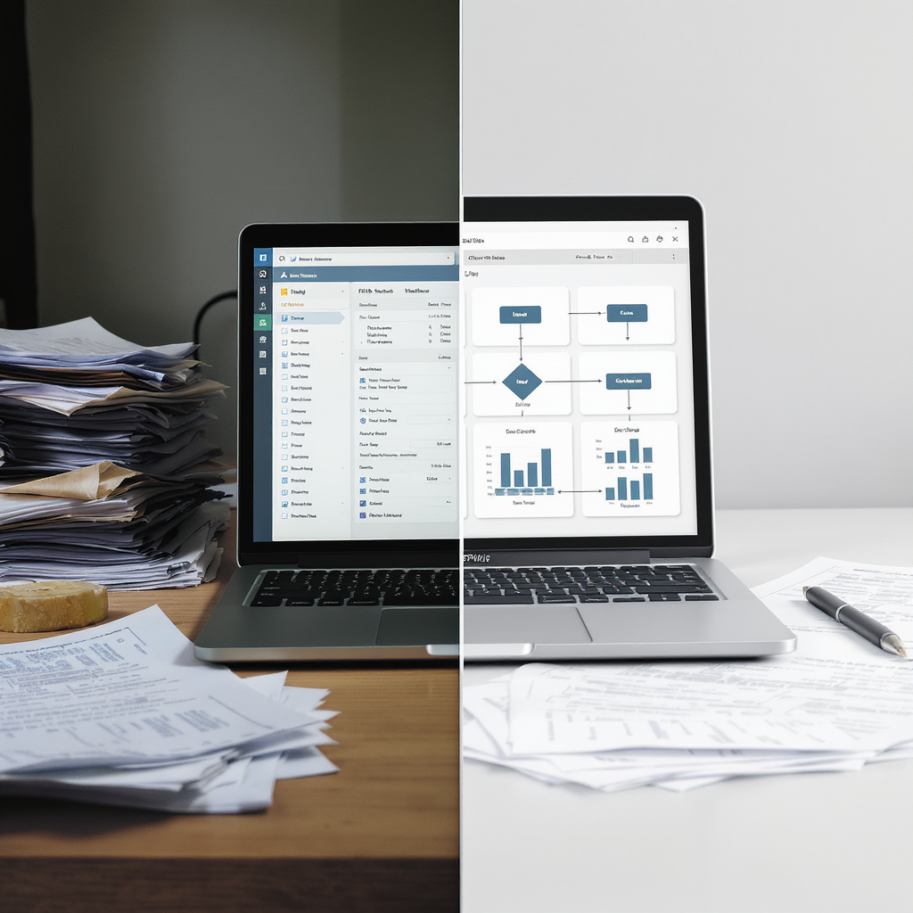 A contractor's office desk with a laptop displaying a unified ERP dashboard, a pile of disorganized papers on one side,...