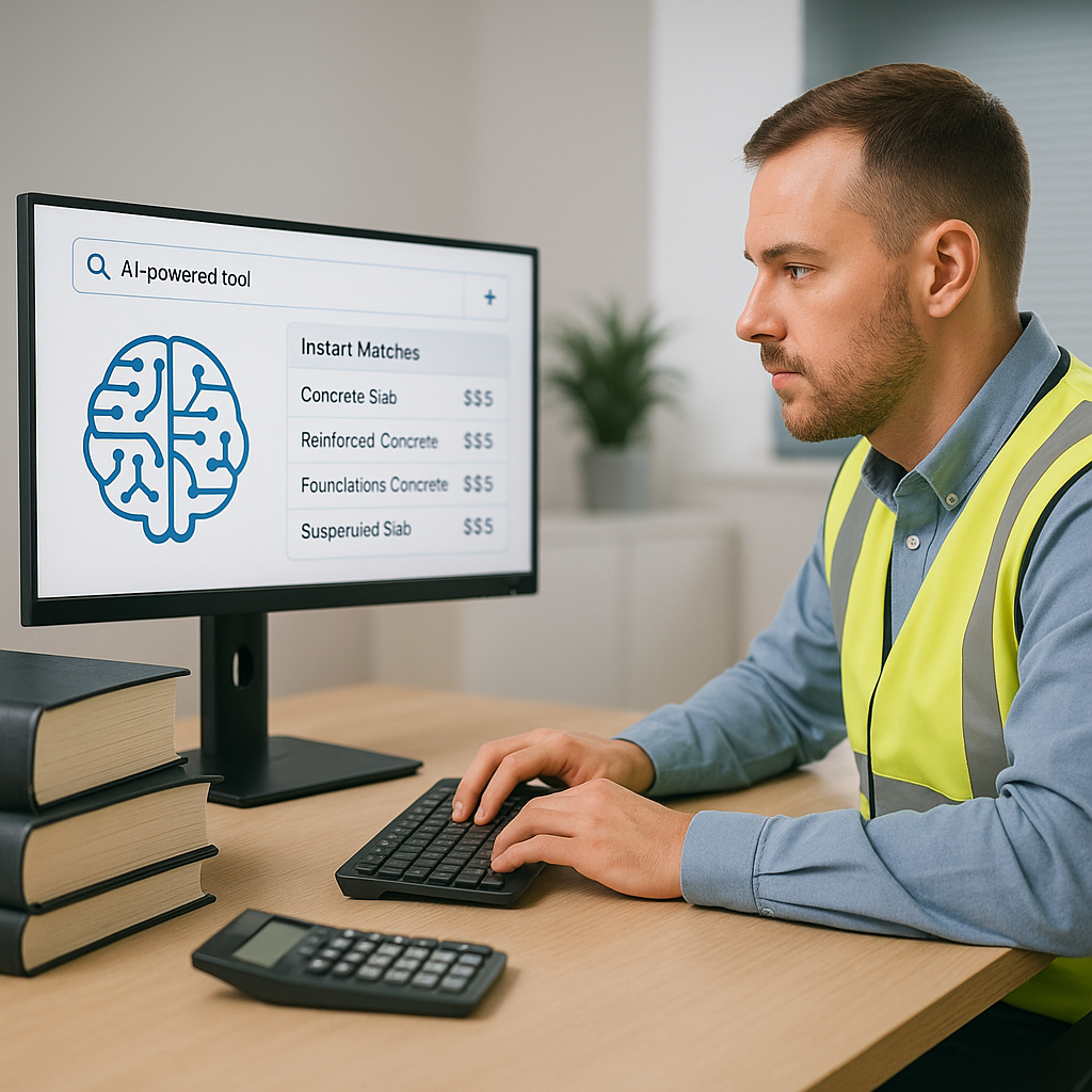 A construction estimator sitting at a desk surrounded by thick rate books, with an AI-powered tool on a computer screen...