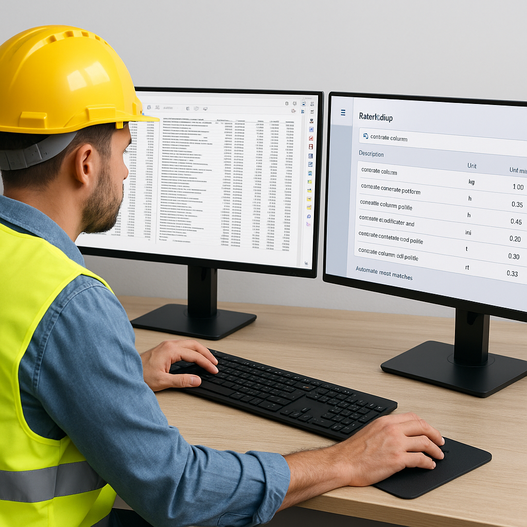 A construction estimator at a desk with dual screens—one showing a cluttered PDF rate book and the other displaying an A...