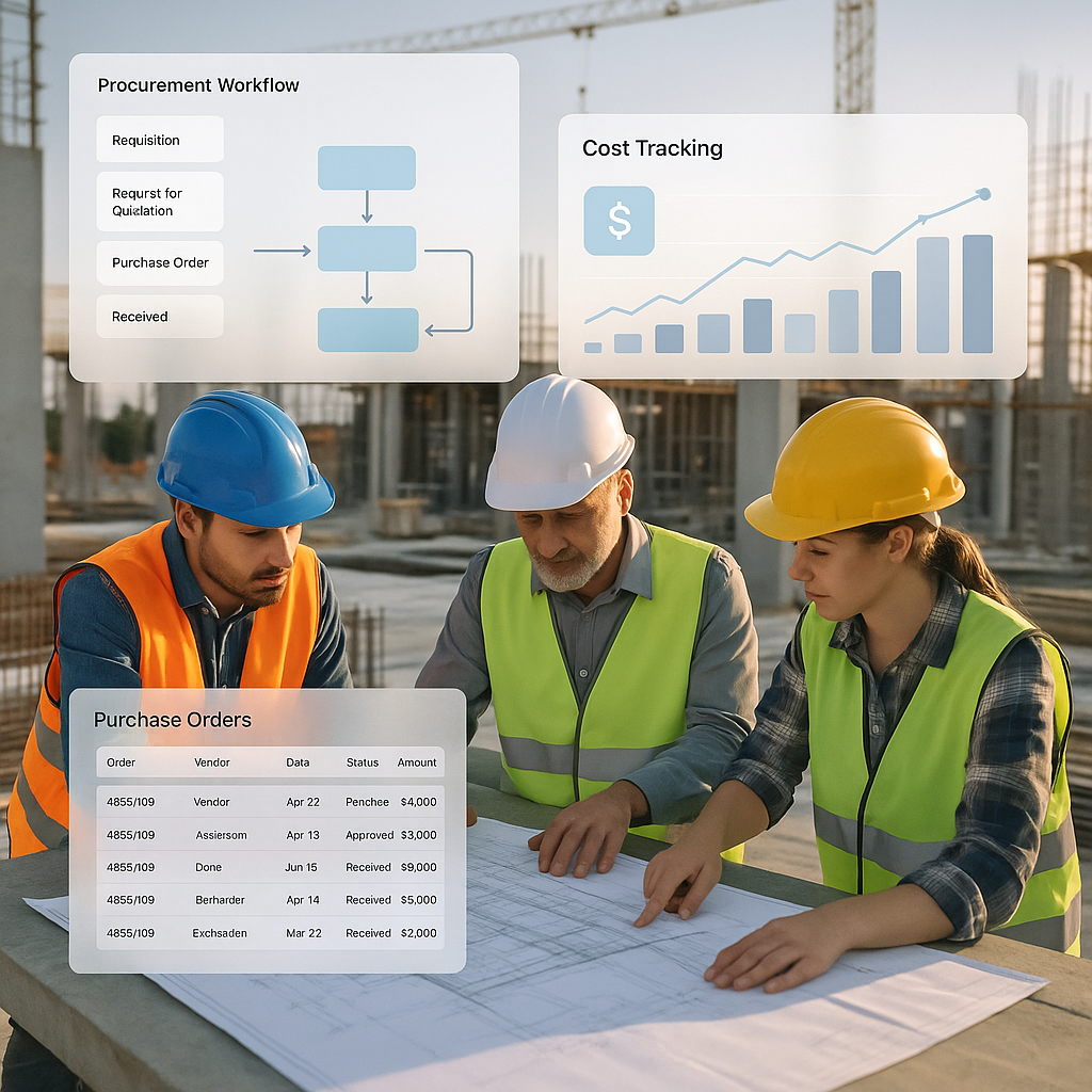 A construction site with workers reviewing blueprints, overlaid with digital dashboards showing procurement workflows an...