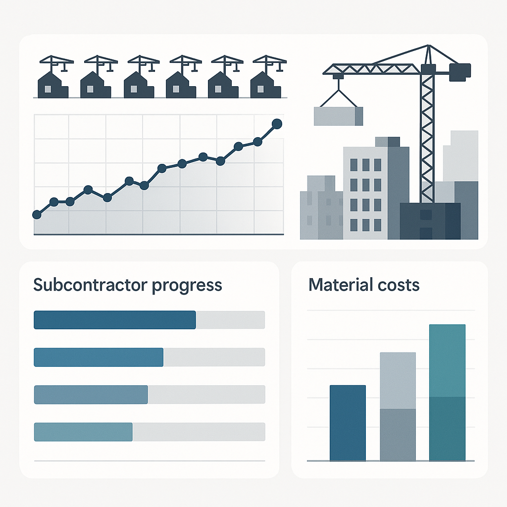 A multi-project construction site dashboard showing real-time profitability metrics, subcontractor progress, and materia...