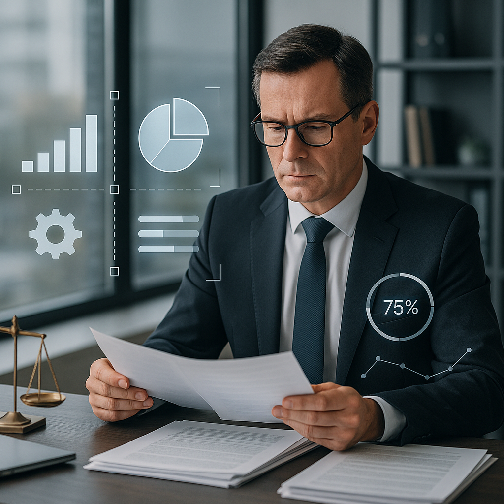 A professional legal executive in an office setting reviewing documents, with a futuristic digital interface overlay sho...