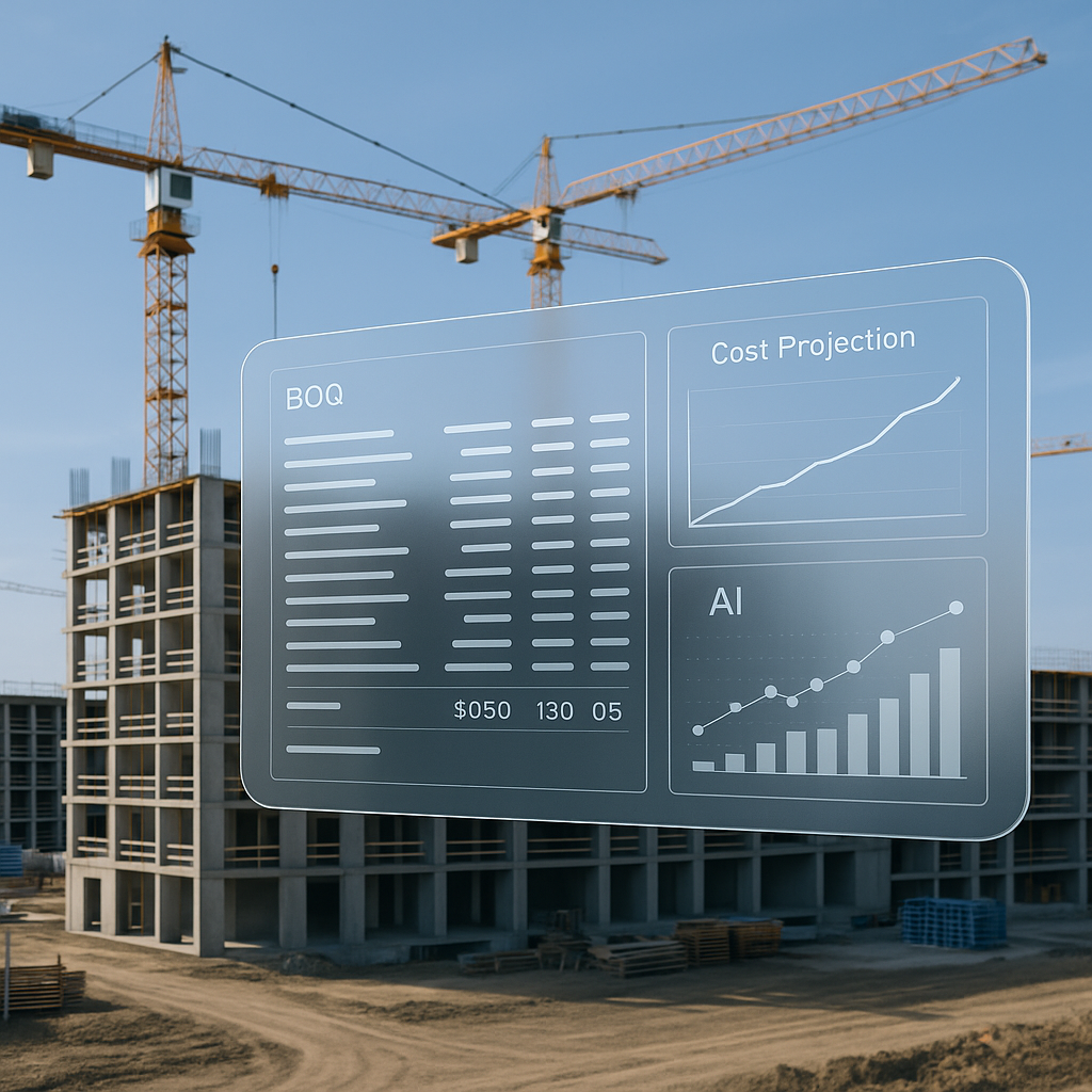 A sleek construction site with digital overlays of BOQ line items, cost projections, and AI-driven analytics on a transp...